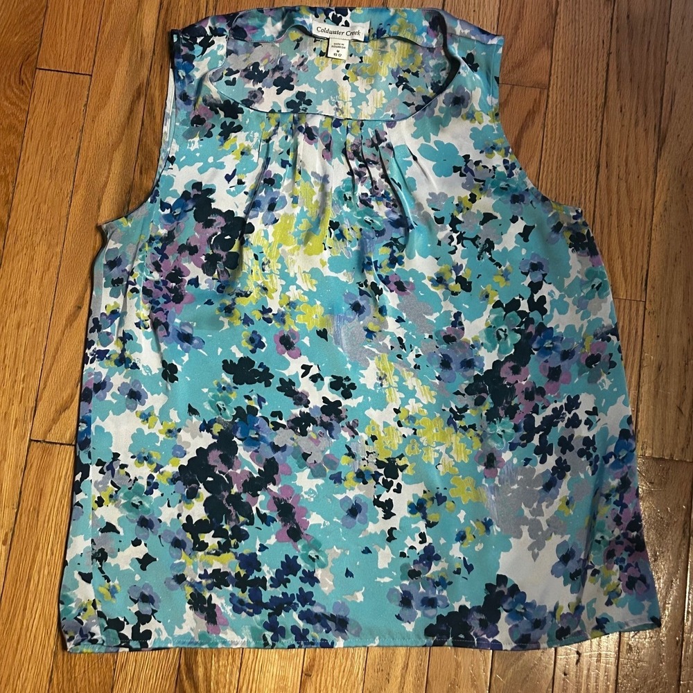 Coldwater Creek Blue Floral Print Satin Sleeveless Blouse Size Medium‎ T56-38